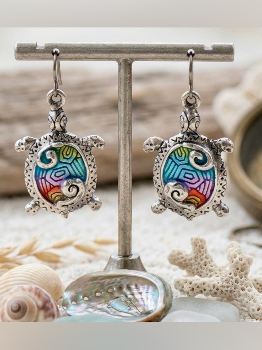Silver Turtle Drop Earrings with Rainbow Inlay